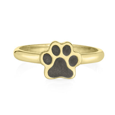 Pictured here is close by me jewelry's 14K Yellow Gold Paw Print Stacking Ring design from the front to show its grey cremation setting