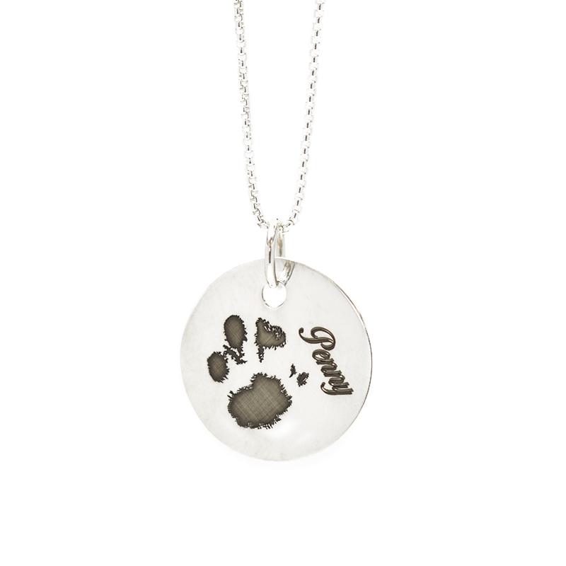 Circle Necklace with Paw Print Engraving in Sterling Silver