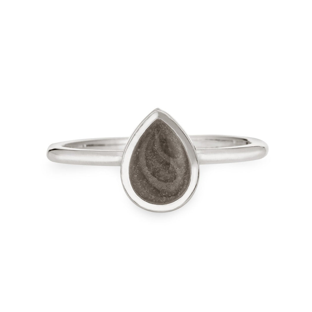Pictured here is close by me jewelry's Pear Stacking Cremation Ring design in Sterling Silver from the front