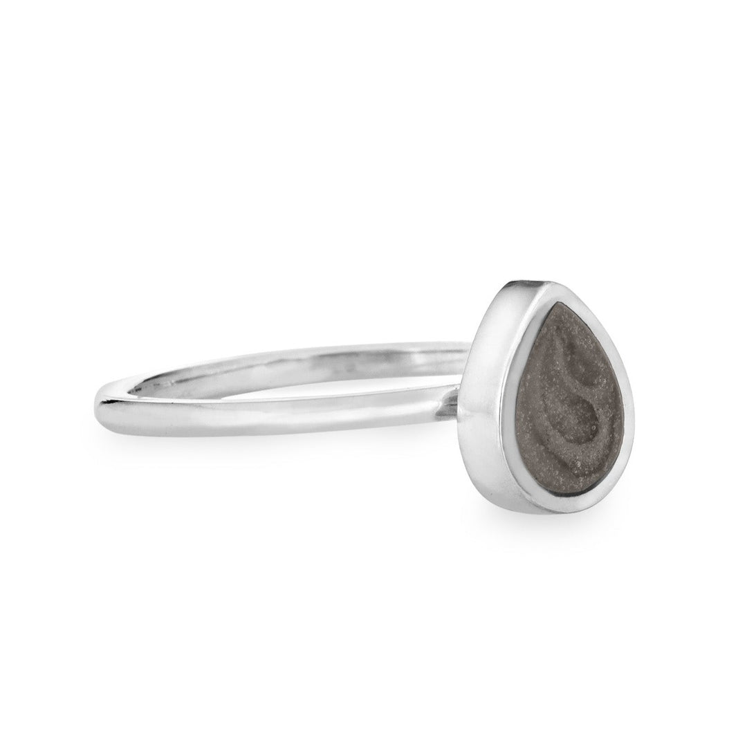 Pictured here is close by me jewelry's Pear Stacking Cremation Ring design in Sterling Silver from the side