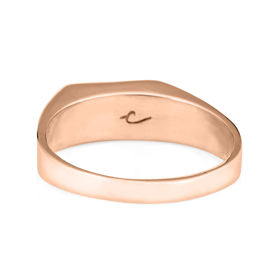 Pictured here is close by me jewelry's Men's Rectangle Signet Cremation Ring in 14K Rose Gold from the back
