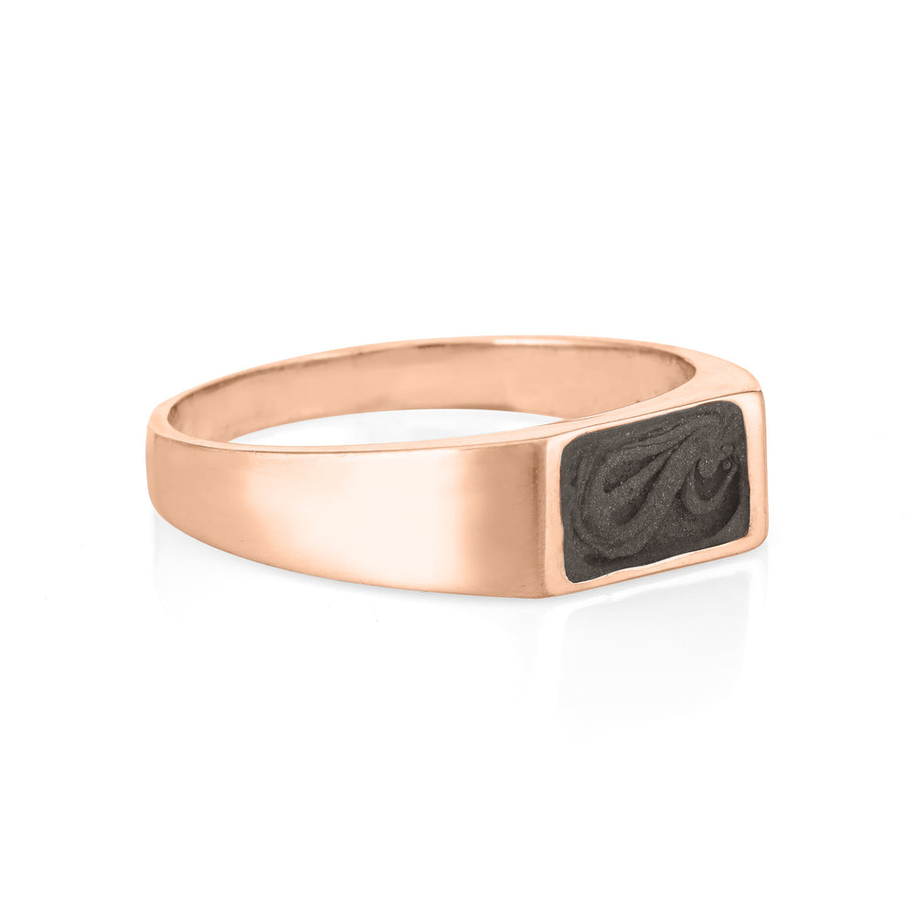 Pictured here is close by me jewelry's Men's Rectangle Signet Cremation Ring in 14K Rose Gold from the side