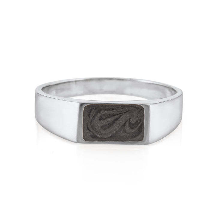 Pictured here is close by me jewelry's 14K White Gold Men's Rectangle Signet Cremation Ring from the front