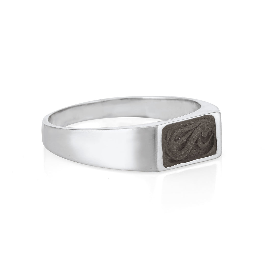 Pictured here is close by me jewelry's 14K White Gold Men's Rectangle Signet Cremation Ring from the side