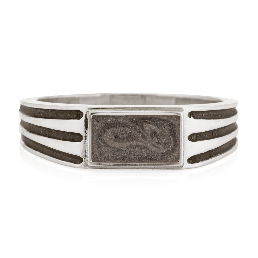 This photo shows the Men's Ridged Rectangle Signet Cremation Ring by close by me jewelry from the front