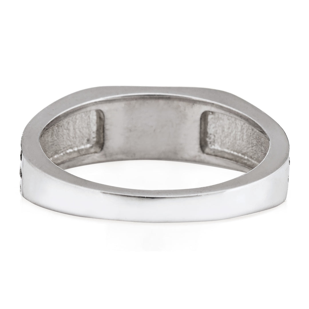 Pictured here is close by me jewelry's Men's Ridged Rectangle Signet Cremation Ring in 14K White Gold form the back