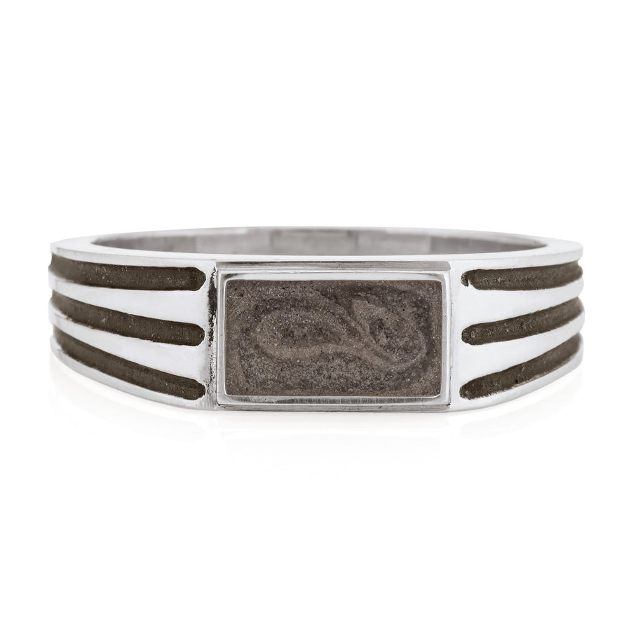 Pictured here is close by me jewelry's Men's Ridged Rectangle Signet Cremation Ring in 14K White Gold form the front