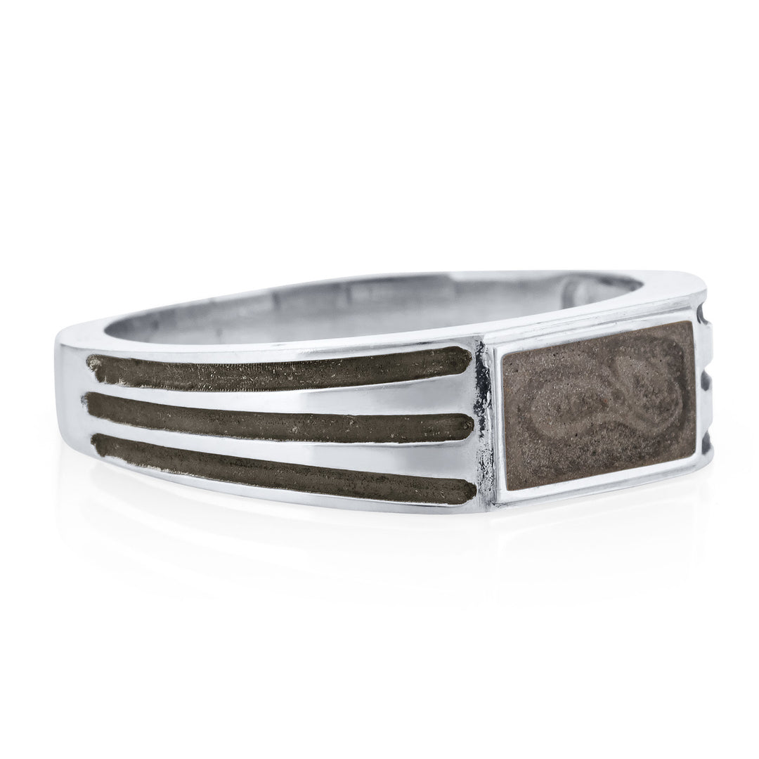 Pictured here is close by me jewelry's Men's Ridged Rectangle Signet Cremation Ring in 14K White Gold form the side