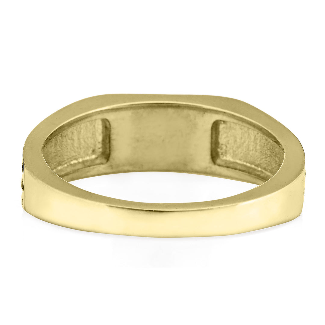 Pictured here is close by me jewelry's Men's Ridged Rectangle Signet Cremation Ring in 14K Yellow Gold from the back