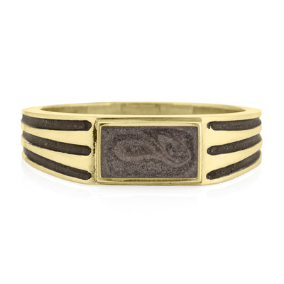 Pictured here is close by me jewelry's Men's Ridged Rectangle Signet Cremation Ring in 14K Yellow Gold from the front