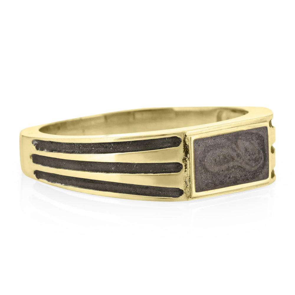 Pictured here is close by me jewelry's Men's Ridged Rectangle Signet Cremation Ring in 14K Yellow Gold from the side