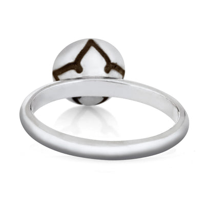 This photo shows the Signature Lotus Stackable Band Cremation Ring in 14K White Gold, designed by close by me jewelry, from the back