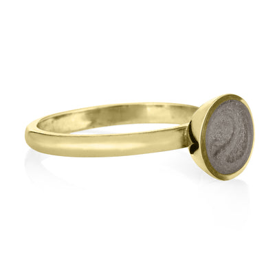 Pictured here is the 14K Yellow Gold Signature Lotus Stackable Band Cremains Ring designed by close by me jewelry from the front at an angle