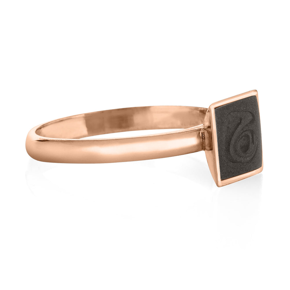This photo shows close by me jewelry's 14K Rose Gold Signature Square Stackable Band Cremains Ring from the side