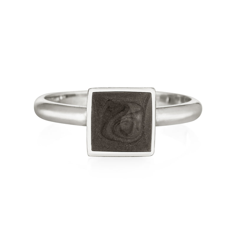 This photo shows the Signature Square Stackable Band Ring with cremains in Sterling Silver designed by close by me jewelry from the front