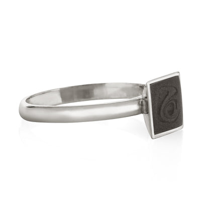 This photo shows the Signature Square Stackable Band Ring with cremains in Sterling Silver designed by close by me jewelry from the side