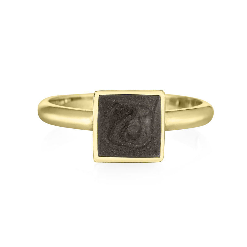 Pictured here is the 14K Yellow Gold Signature Square Stackable Band Ashes Ring designed by close by me jewelry from the front