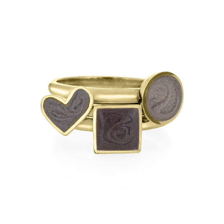 Pictured here is the Signature Stackable Band Ashes Ring Set by close by me jewelry in 14K Yellow Gold from the front