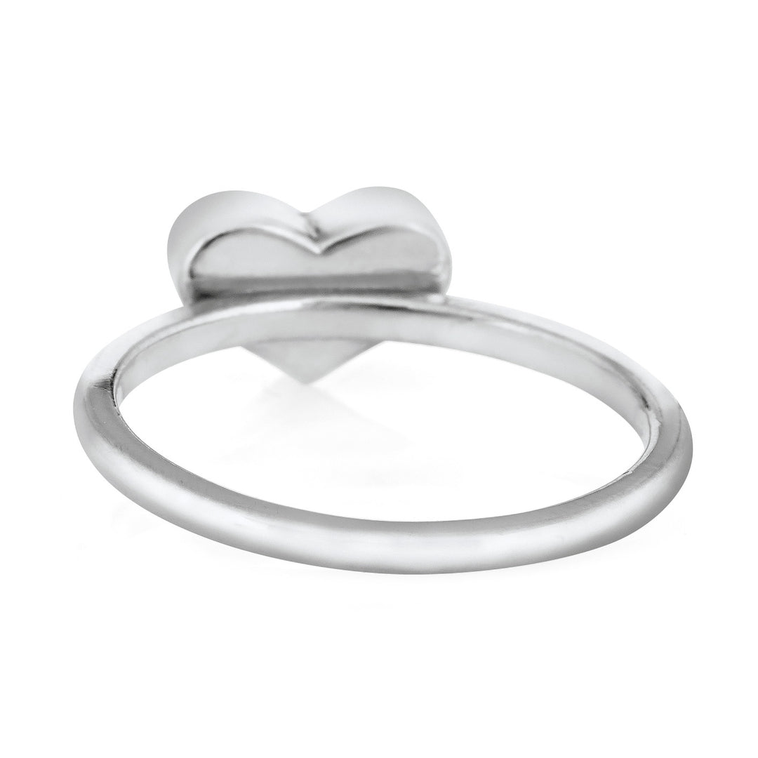 This photo shows close by me jewelry's 14K White Gold Small Heart Stacking Cremains Ring design from the back