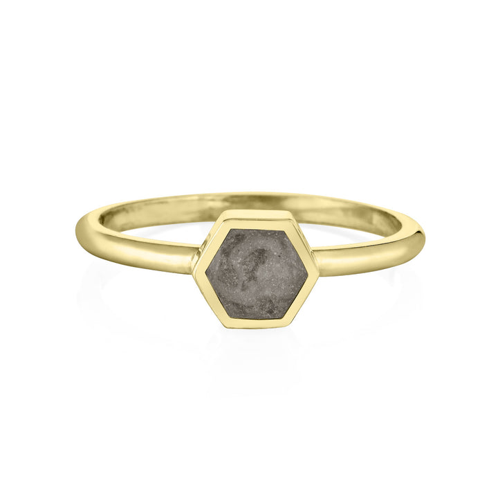 This photo shows the 14K Yellow Gold Small Hexagon Stacking Ring with cremains by close by me jewelry from the front