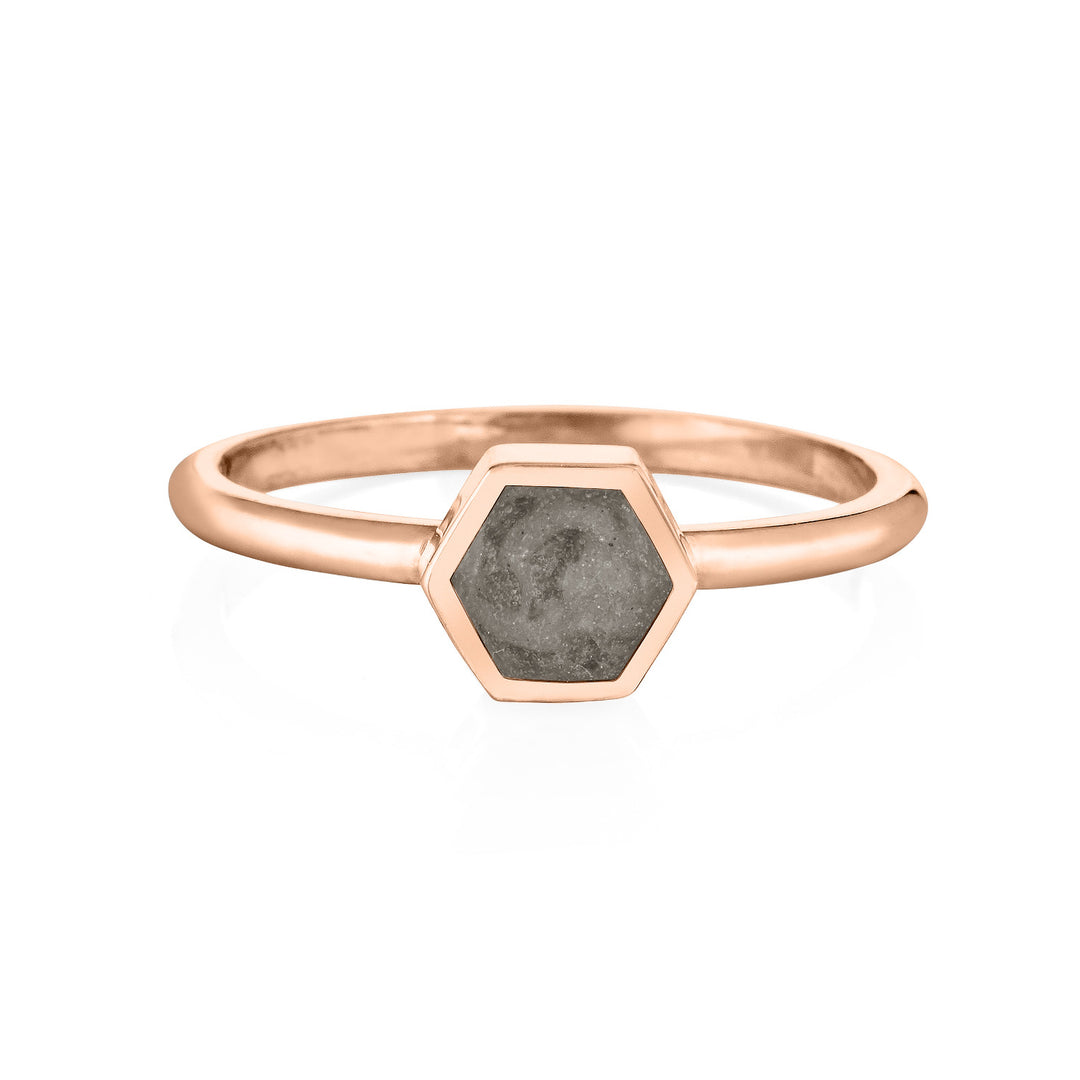 This photo shows the Small Hexagonal Ashes Stacking Ring designed by close by me jewelry in 14K Rose Gold from the front
