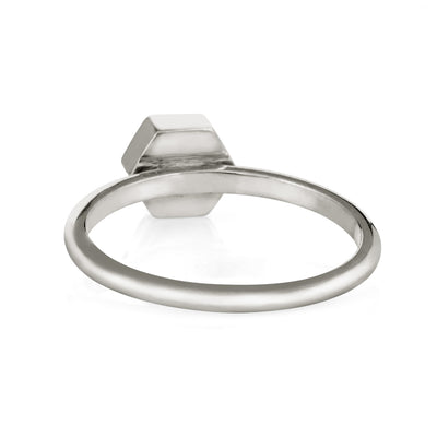 Pictured here is close by me jewelry's Sterling Silver Small Hexagon Stacking Ring with cremated remains from the back