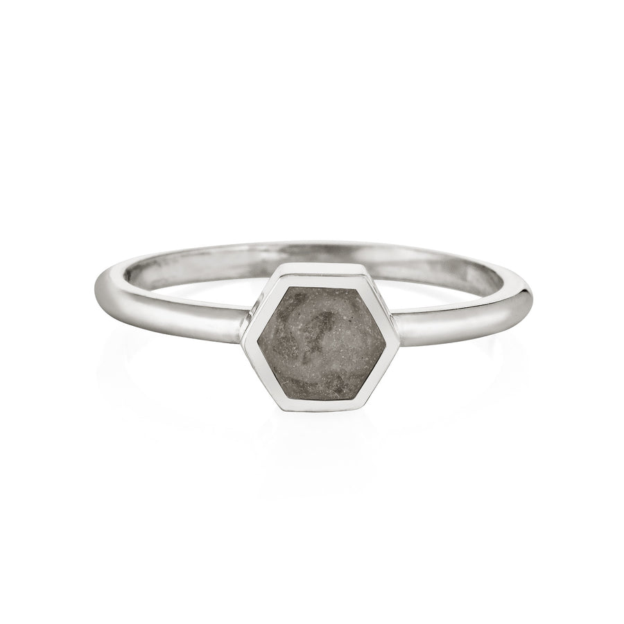 Pictured here is close by me jewelry's Sterling Silver Small Hexagon Stacking Ring with cremated remains from the front