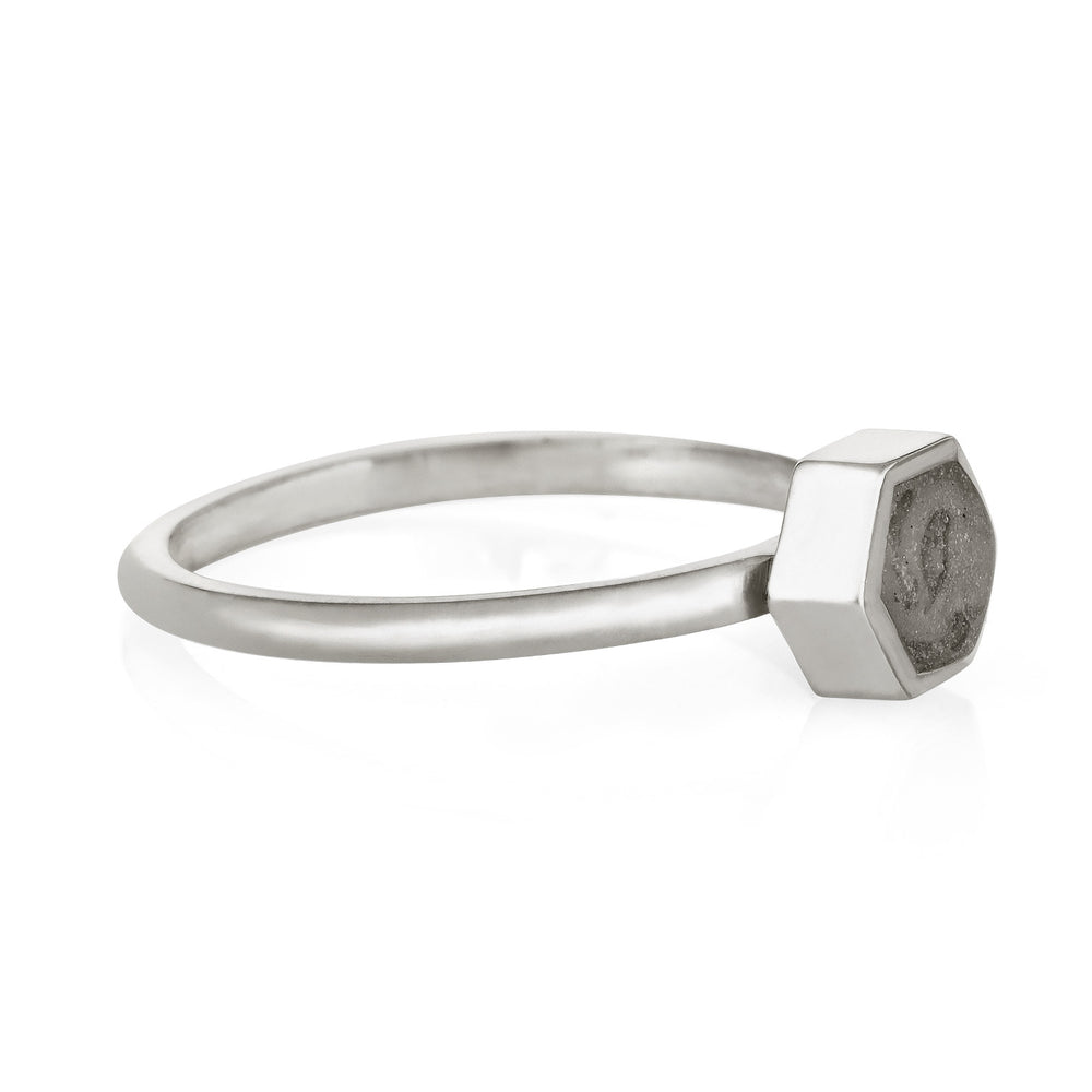 Pictured here is close by me jewelry's Sterling Silver Small Hexagon Stacking Ring with cremated remains from the side