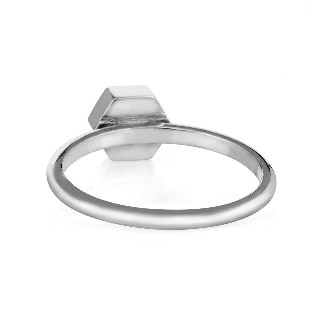 Pictured here is close by me jewelry's Small Hexagon Stacking Cremains Ring design in 14K White Gold from the back