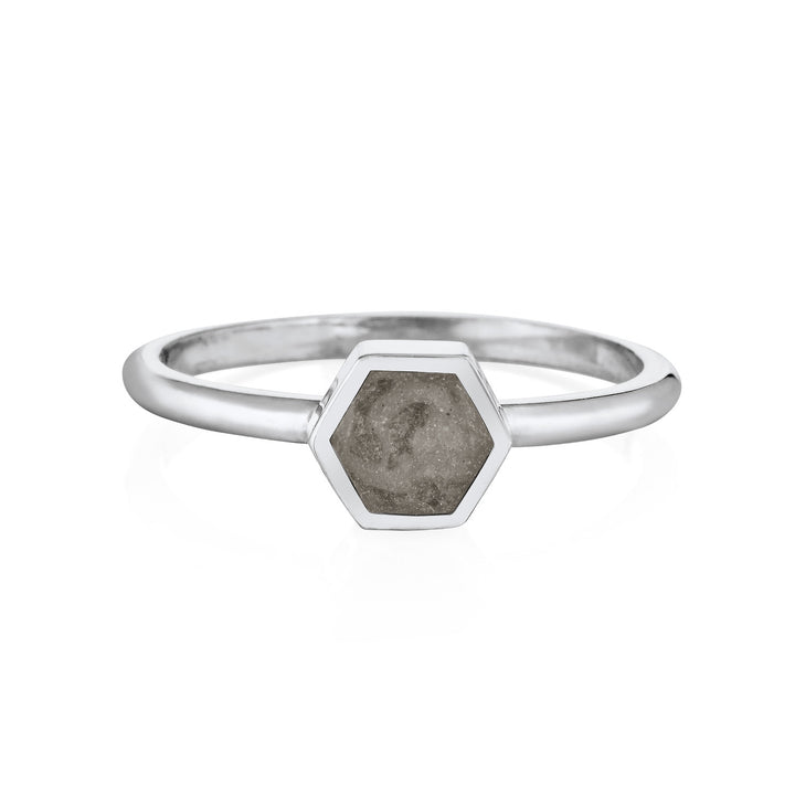 Pictured here is close by me jewelry's Small Hexagon Stacking Cremains Ring design in 14K White Gold from the front