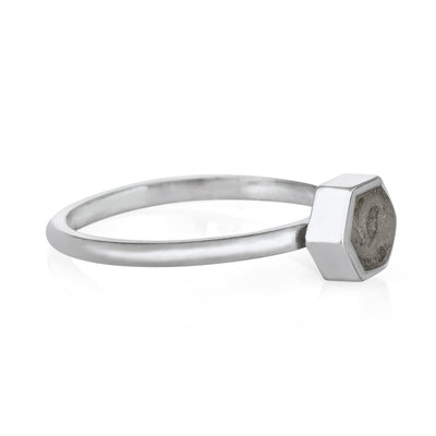 Pictured here is close by me jewelry's Small Hexagon Stacking Cremains Ring design in 14K White Gold from the side