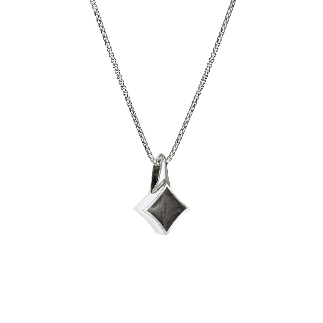 Pictured here is the Sterling Silver Small Luminary Cremains Necklace designed by close by me jewelry from the side