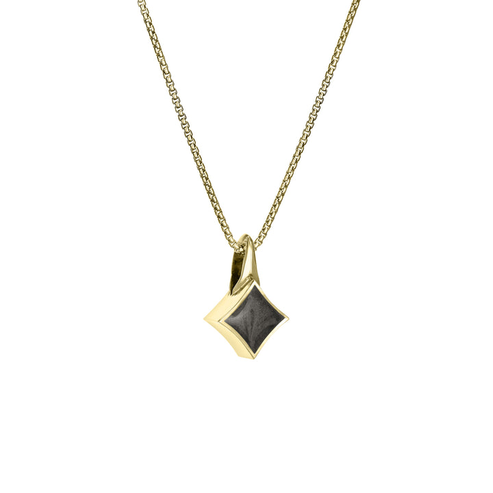 Pictured here is close by me jewelry's 14K Yellow Gold Small Luminary Necklace with ashes from the side