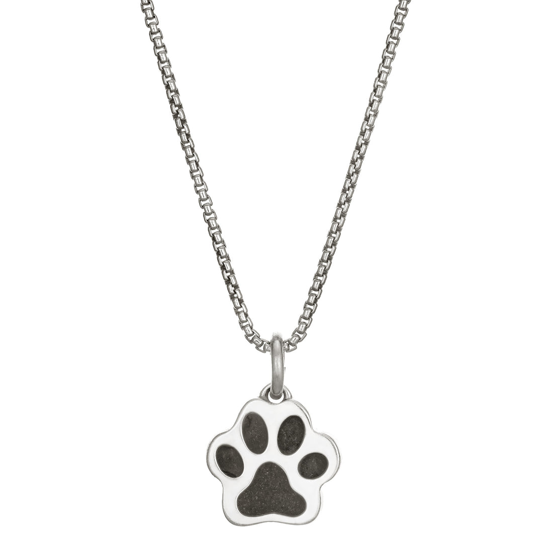 This photo shows the Sterling Silver Small Paw Print Necklace with ashes design by close by me jewelry from the front