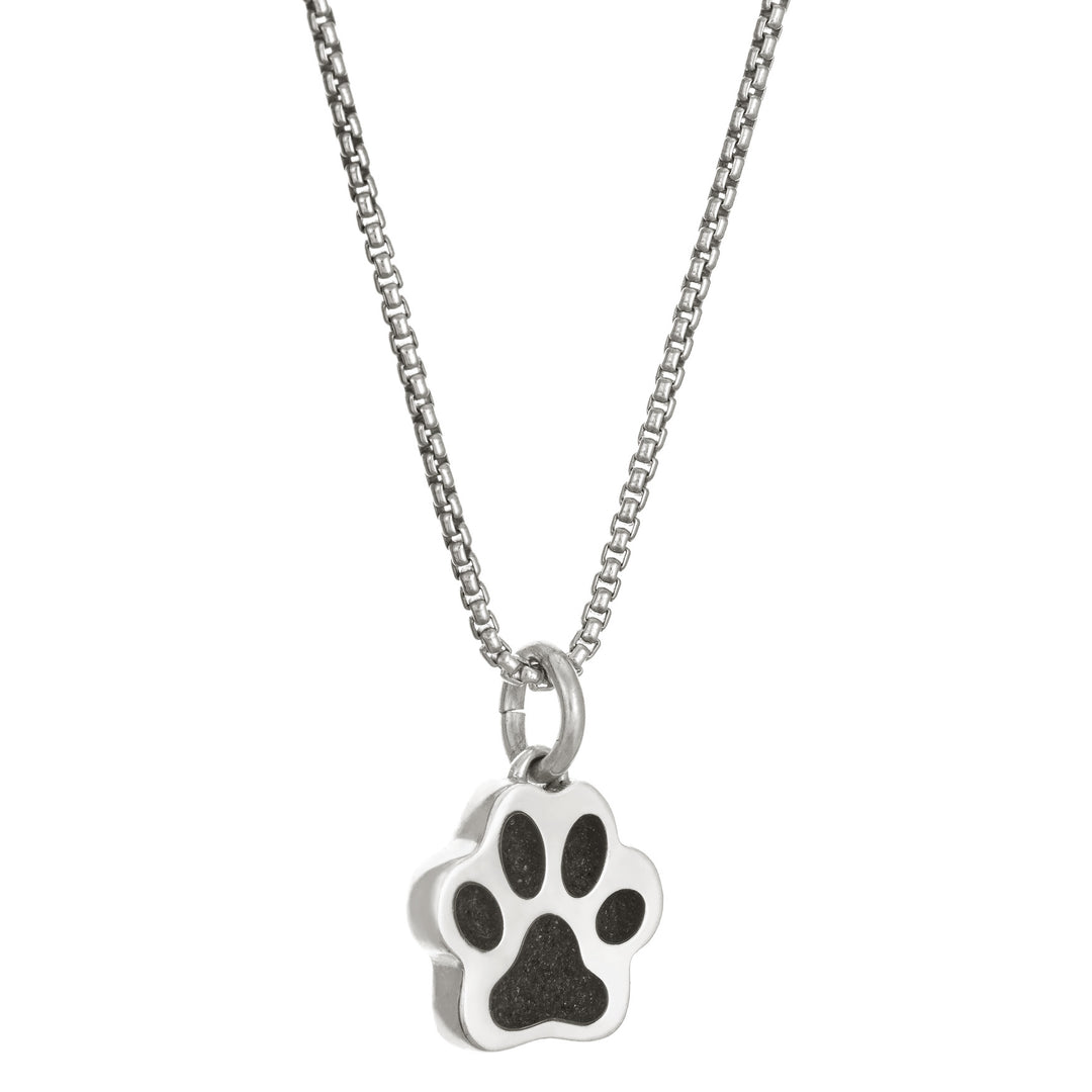 This photo shows the Sterling Silver Small Paw Print Necklace with ashes design by close by me jewelry from the side