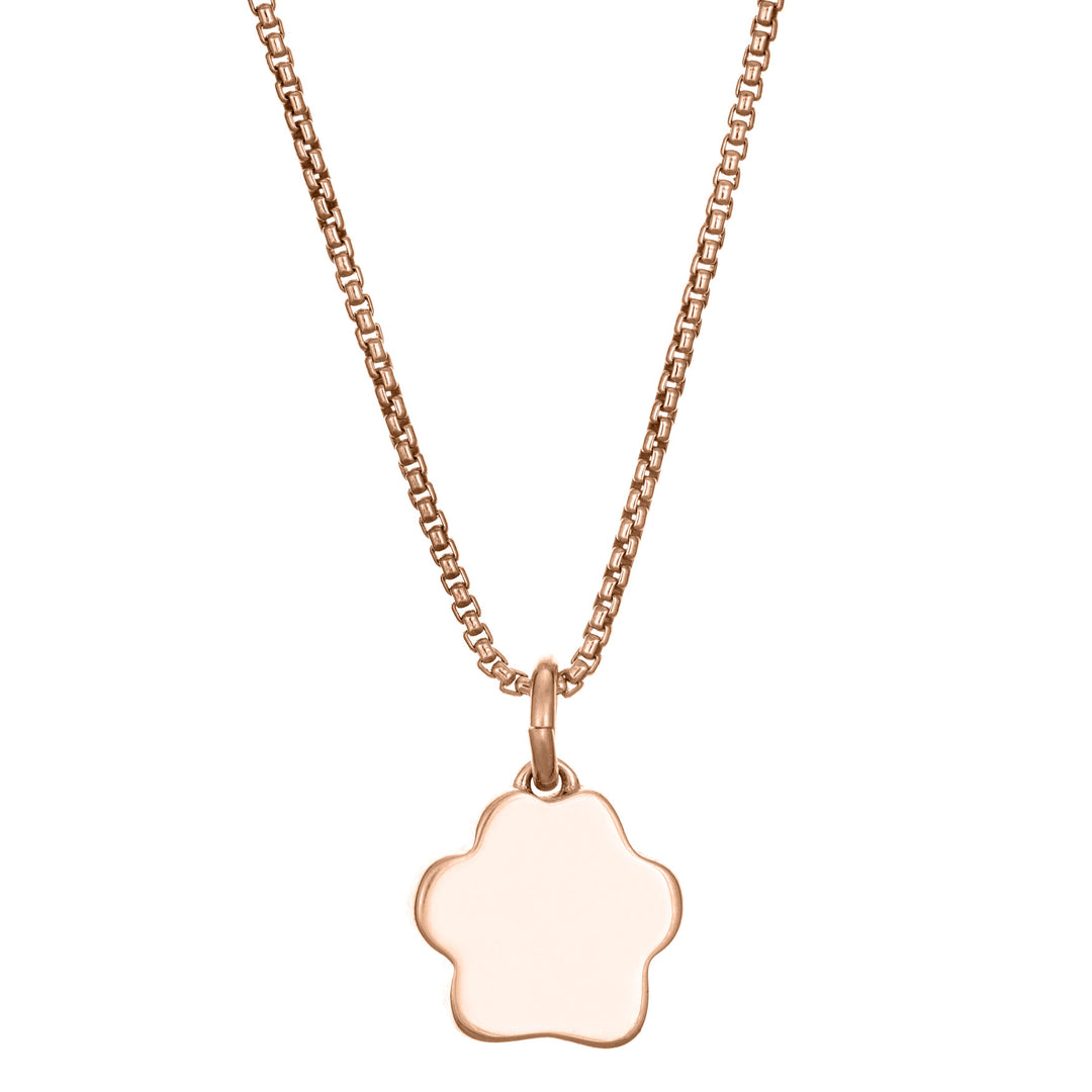 This photo shows the 14K Rose Gold Small Paw Print Necklace with ashes design by close by me jewelry from the back