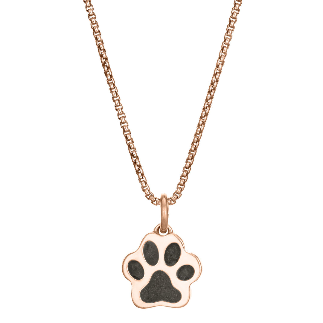This photo shows the 14K Rose Gold Small Paw Print Necklace with ashes design by close by me jewelry from the front
