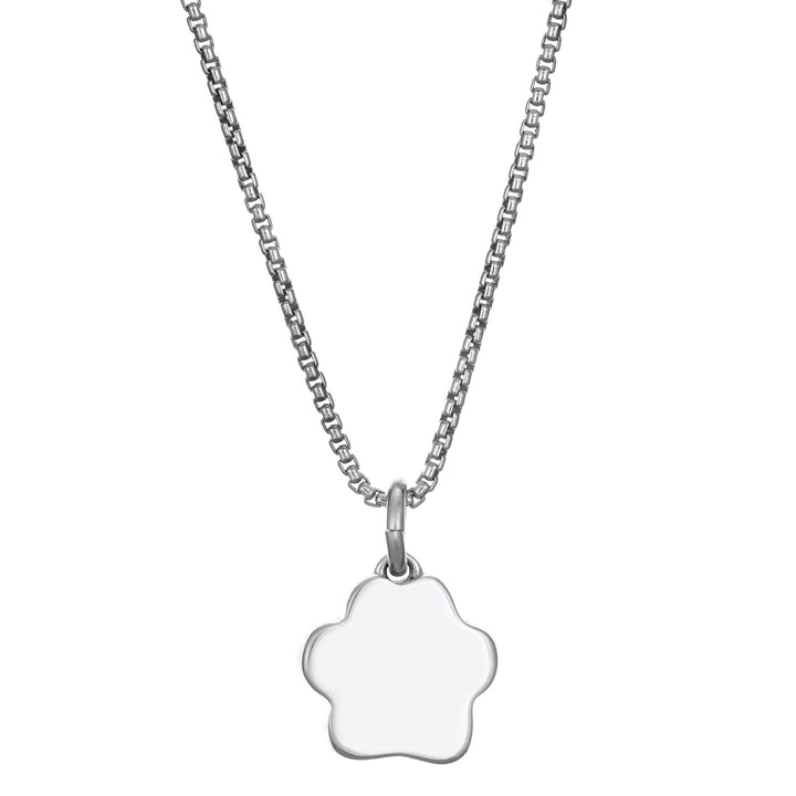 This photo shows the 14K White Gold Small Paw Print Necklace with ashes design by close by me jewelry from the back