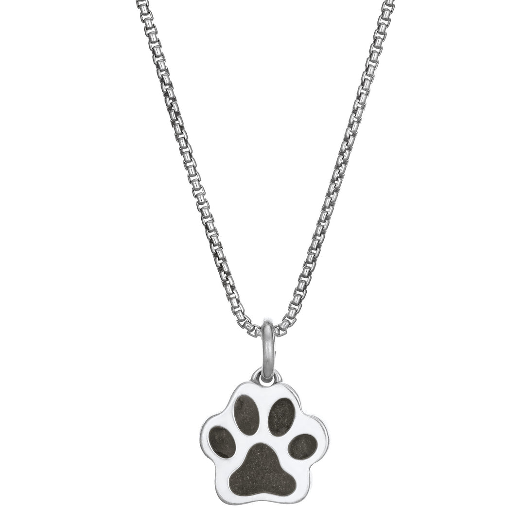 This photo shows the 14K White Gold Small Paw Print Necklace with ashes design by close by me jewelry from the front