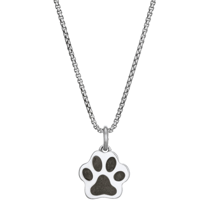 This photo shows the 14K White Gold Small Paw Print Necklace with ashes design by close by me jewelry from the front