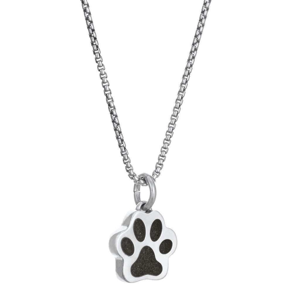This photo shows the 14K White Gold Small Paw Print Necklace with ashes design by close by me jewelry from the side