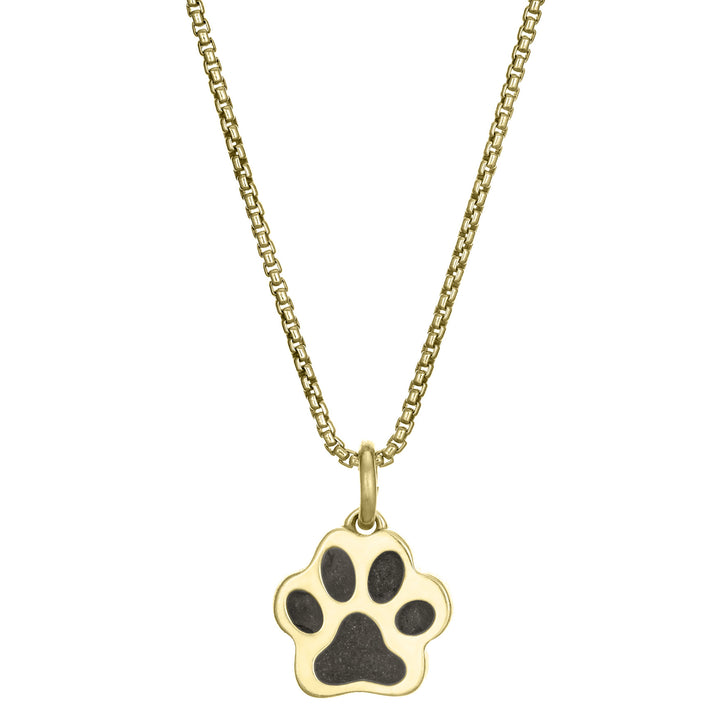This photo shows the 14K Yellow Gold Small Paw Print Necklace with ashes design by close by me jewelry from the front