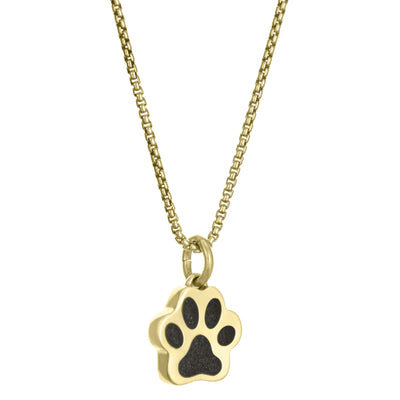 This photo shows the 14K Yellow Gold Small Paw Print Necklace with ashes design by close by me jewelry from the side
