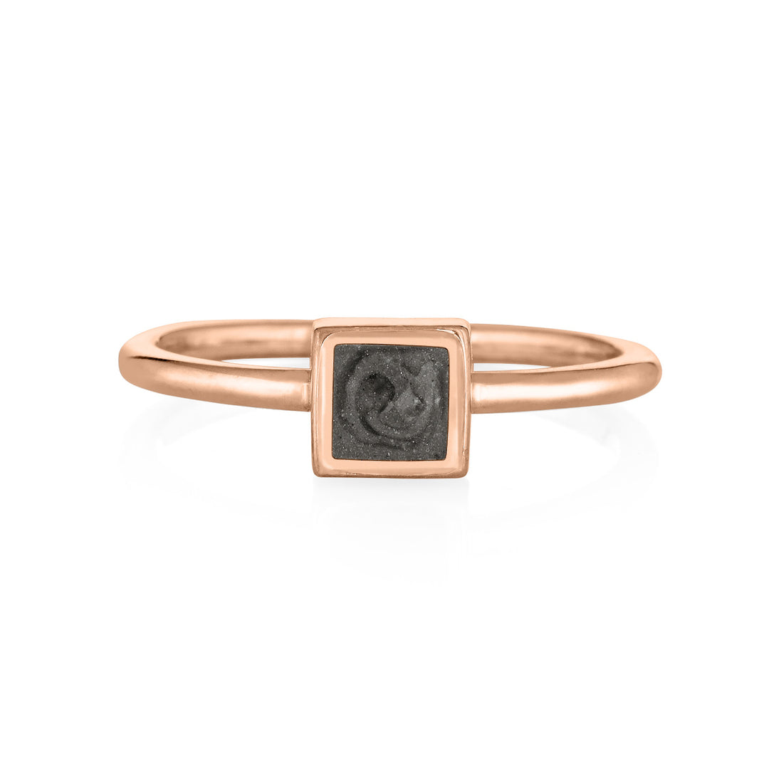 Pictured here is the 14K Rose Gold Small Square Stacking Cremation Ring with ashes designed by close by me jewelry from the front