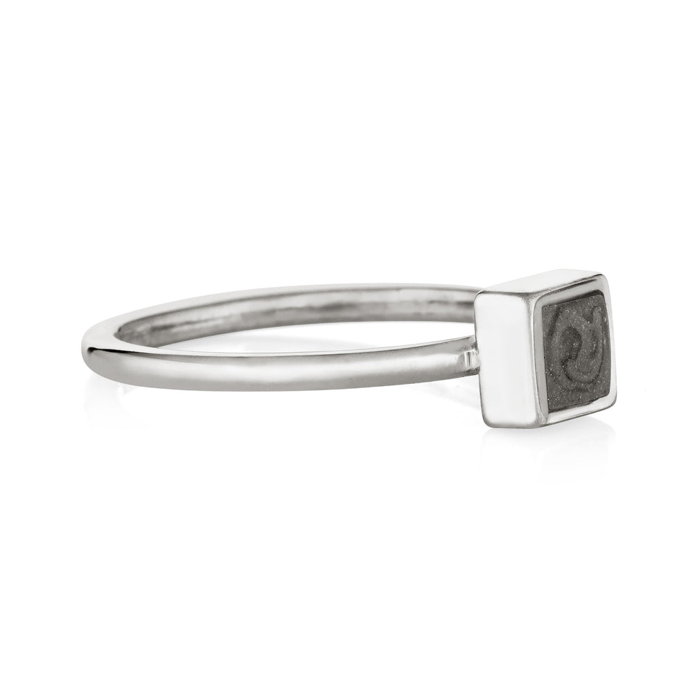 This photo shows close by me jewelry's Sterling Silver Small Square Stacking Cremains Ring design from the side