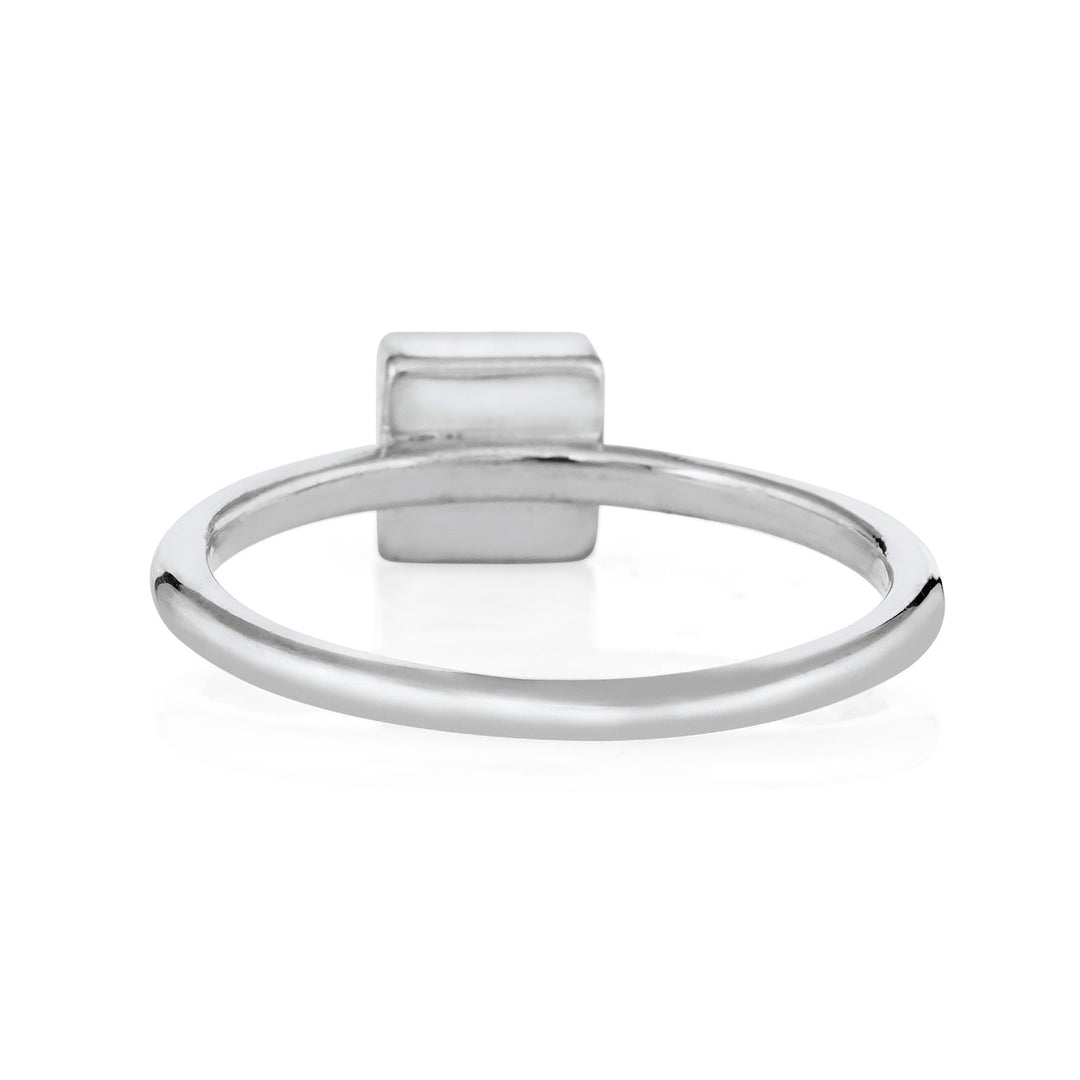 Pictured here is the 14K White Gold Small Square Stacking Ashes Ring design by close by me jewelry from the back