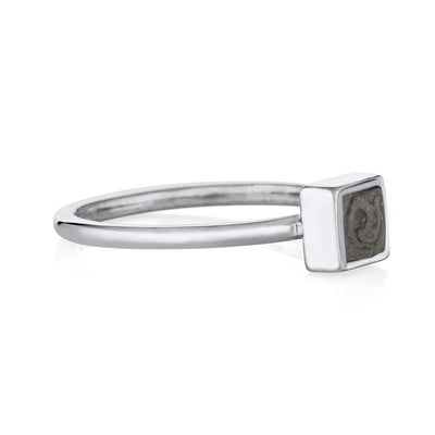 Pictured here is the 14K White Gold Small Square Stacking Ashes Ring design by close by me jewelry from the side