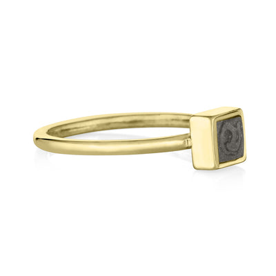 Pictured here is the 14K Yellow Gold Small Square Stacking Cremation Ring designed by close by me jewelry from the side