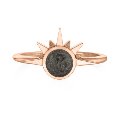 This photo shows close by me jewelry's 14K Rose Gold Sunrise Ring with cremains from the front