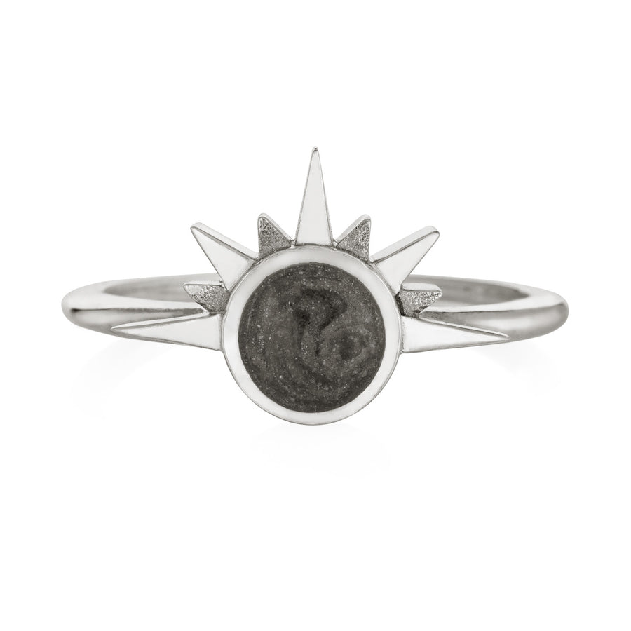 This photo shows the Sterling Silver Sunrise Ring with ashes, designed by close by me jewelry, from the front